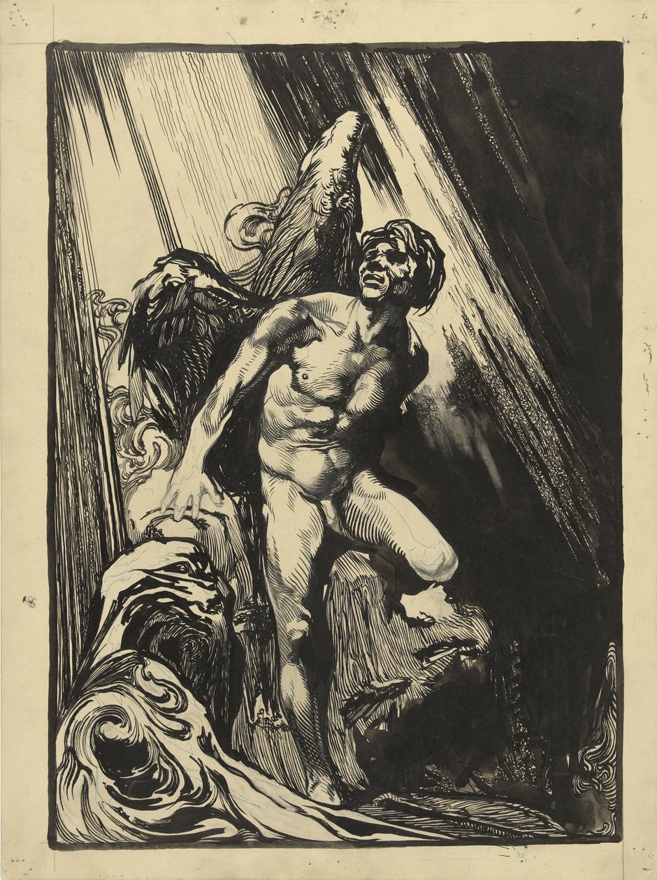 Lucifero in un paesaggio roccioso vicino a un ruscello, guardando verso la luce da Johannes Josephus Aarts