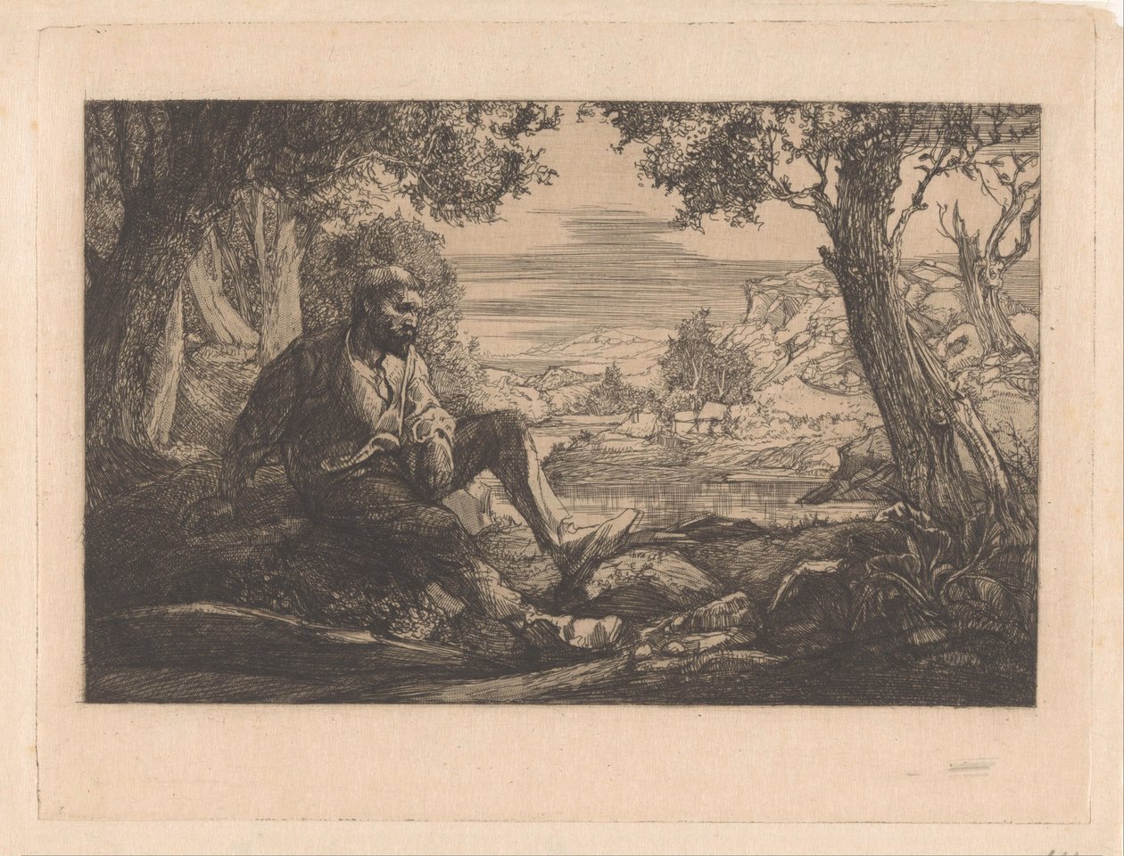 Uomo seduto in un paesaggio collinare da Johannes Josephus Aarts