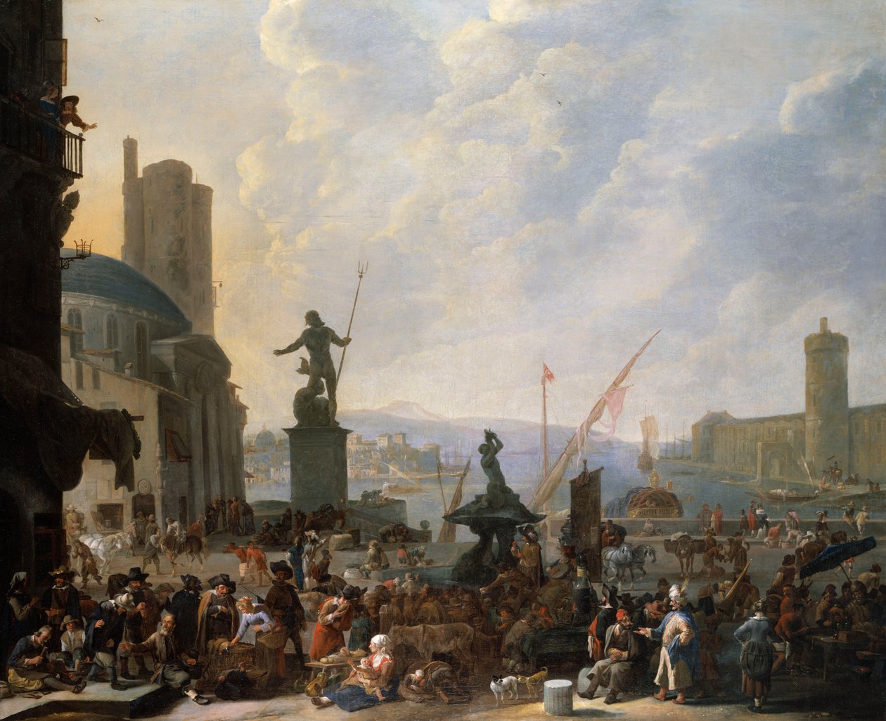 Un capriccio di un porto mediterraneo con la Fontana del Tritone di Bernini e un capriccio del Palais du Louvre, 1651 da Johannes Lingelbach