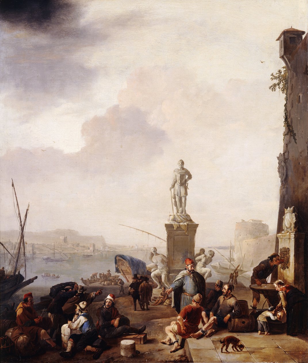 Un porto mediterraneo con il monumento del Granduca Ferdinando I di Toscana a Livorno da Johannes Lingelbach