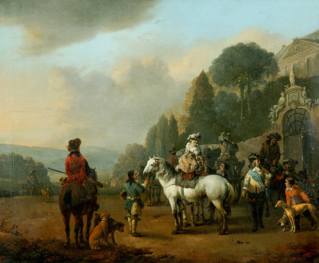Un gruppo di falconieri fuori dai cancelli di un castello da Johannes Lingelbach