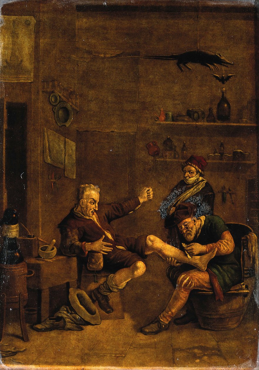 Un chirurgo che cura il piede di un uomo. Mezzotinta tratta da una composizione attribuita a Johannes Lingelbach. da Johannes Lingelbach