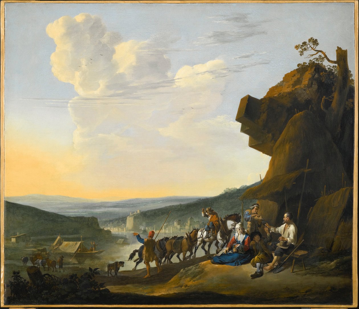 Tedesco: Südliche Landschaft mit Fähre Paesaggio meridionale con vista su una baia, con viaggiatori che riposano da Johannes Lingelbach