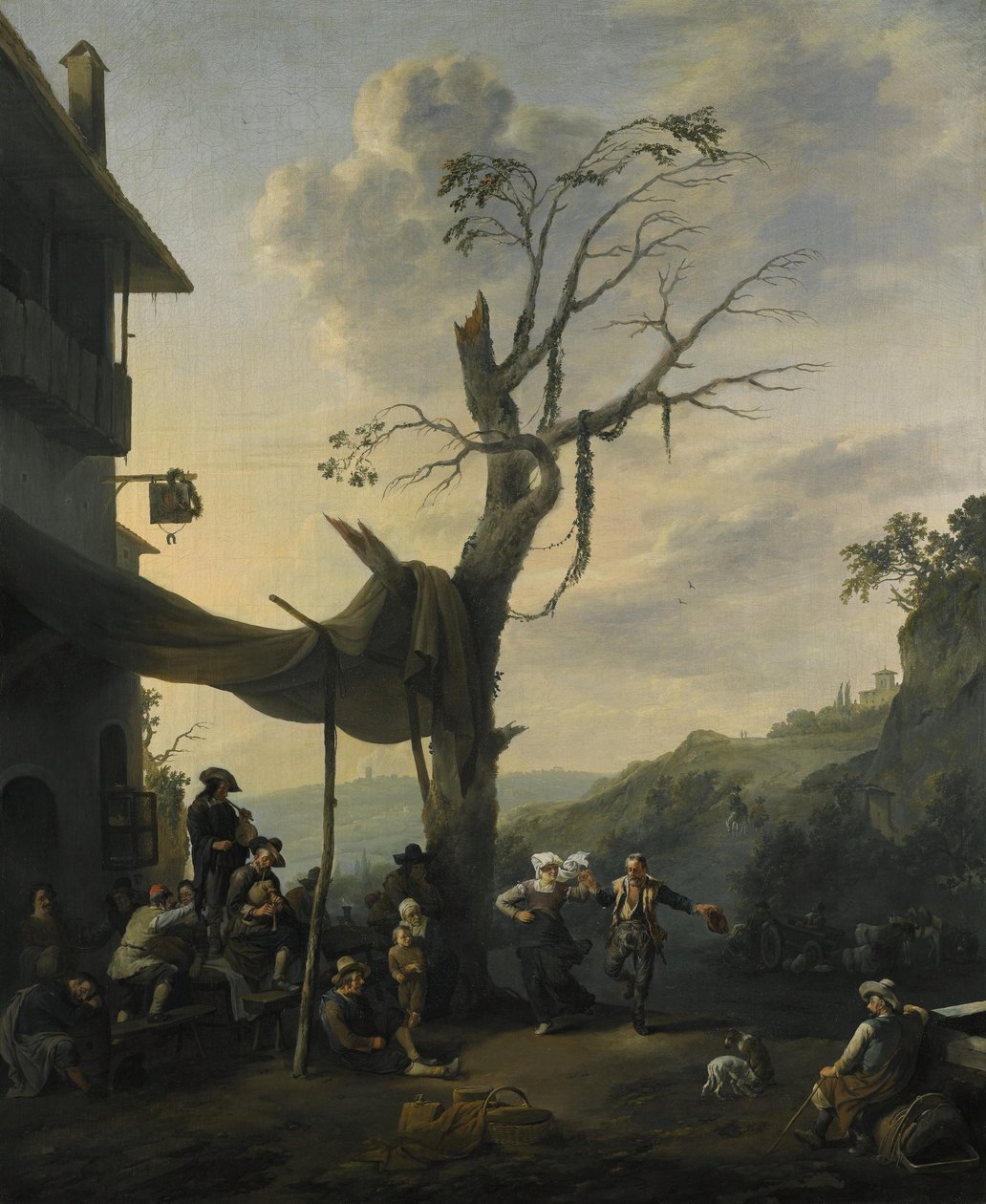 Paesaggio montano con contadini che danzano e suonano davanti a una locanda da Johannes Lingelbach