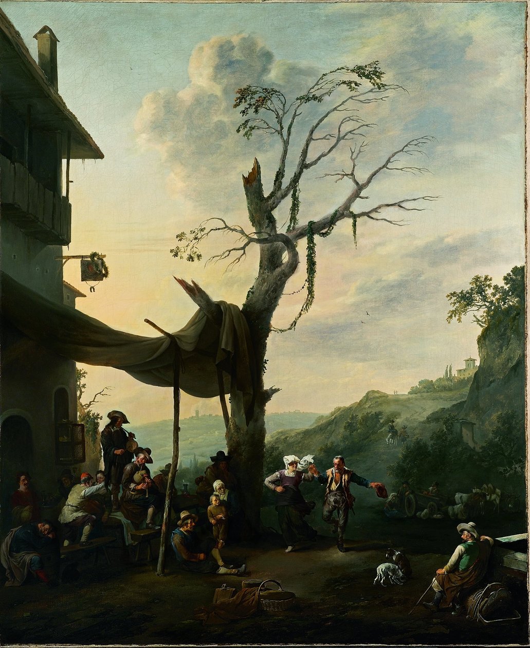 Paesaggio montano con contadini che danzano e suonano davanti a una locanda da Johannes Lingelbach
