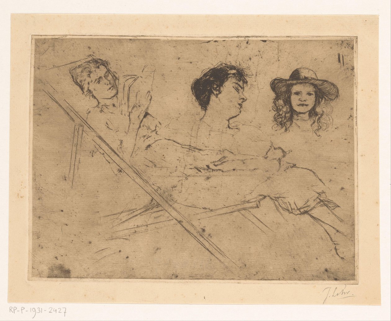 Studio di una donna su una sedia a sdraio e due teste da Johannes Löhr