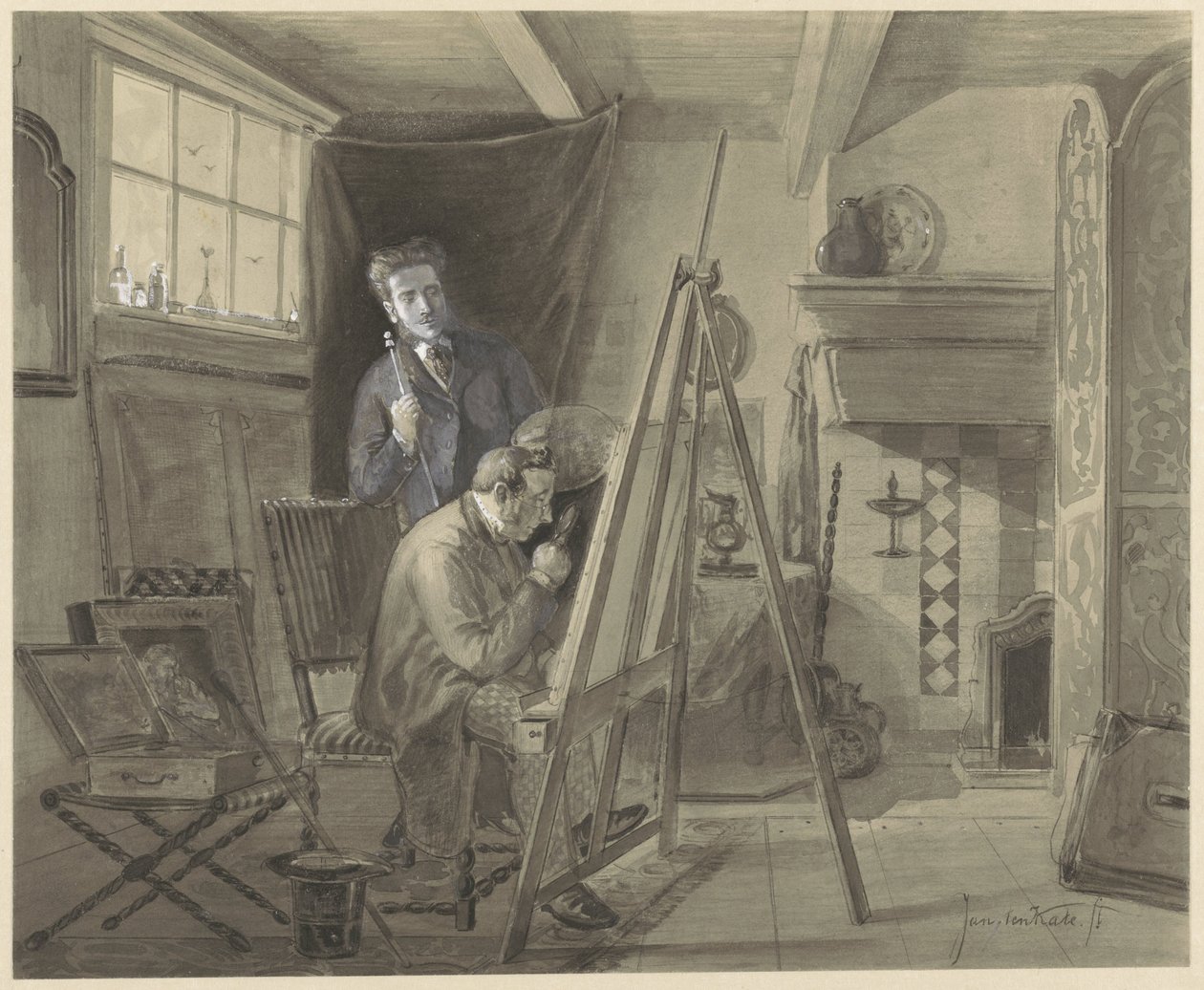 Autoritratto di Johannes Marius van Kate, in piedi nel suo studio con un visitatore da Johannes Marius ten Kate