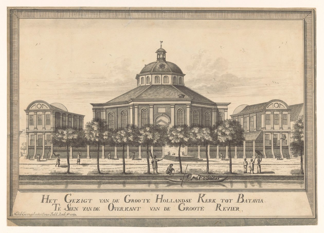 Veduta della nuova chiesa olandese di Batavia (Het Gezigt van de Groote Hollandse Kerk tot Batavia Te Sien van de Overkant van de Groote Revier) da Johannes Rach