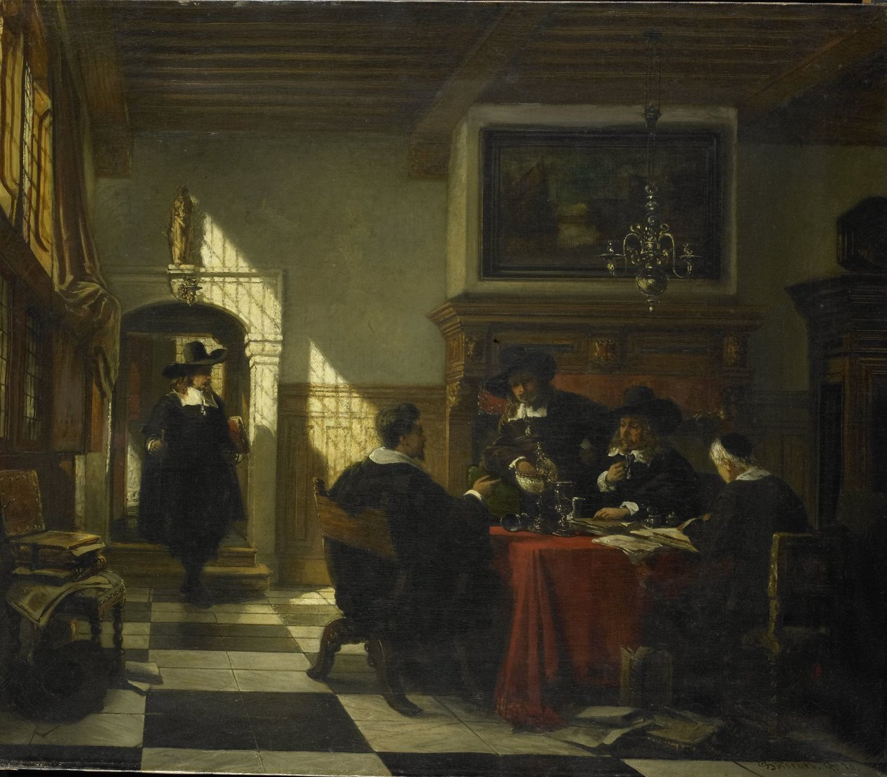 Compagnia in abiti del XVII secolo a un tavolo con una coppa di Nautilus da Johannes Stroebel