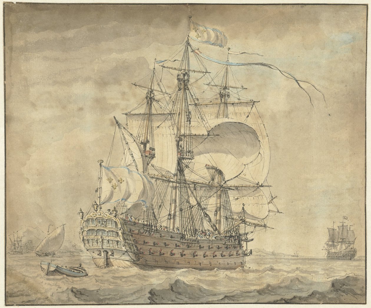 Una nave da guerra francese a tre ponti con vele spiegate da Johannes Swertner