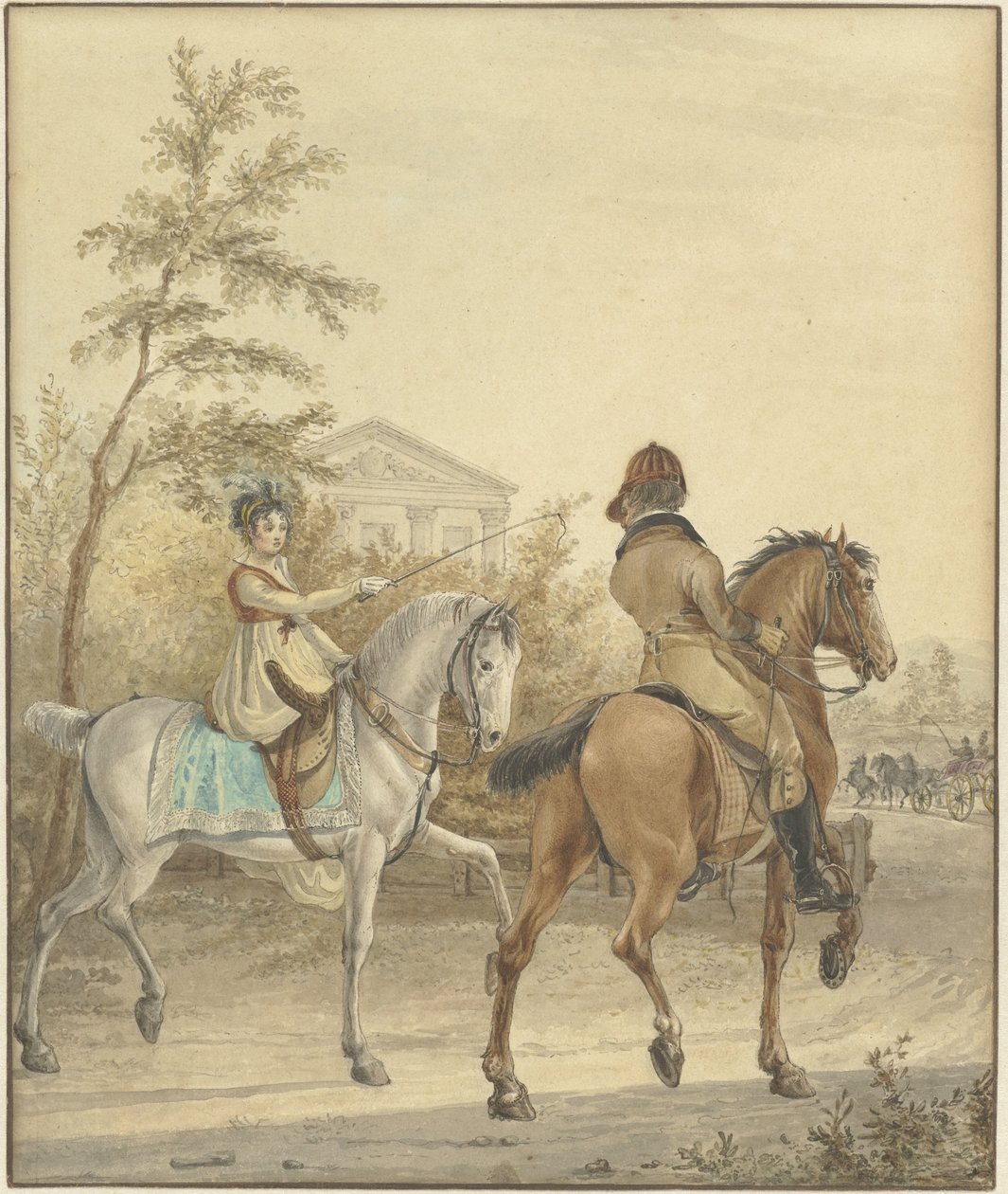 Uomo e donna a cavallo su una strada di campagna da Johannes Vinkeles