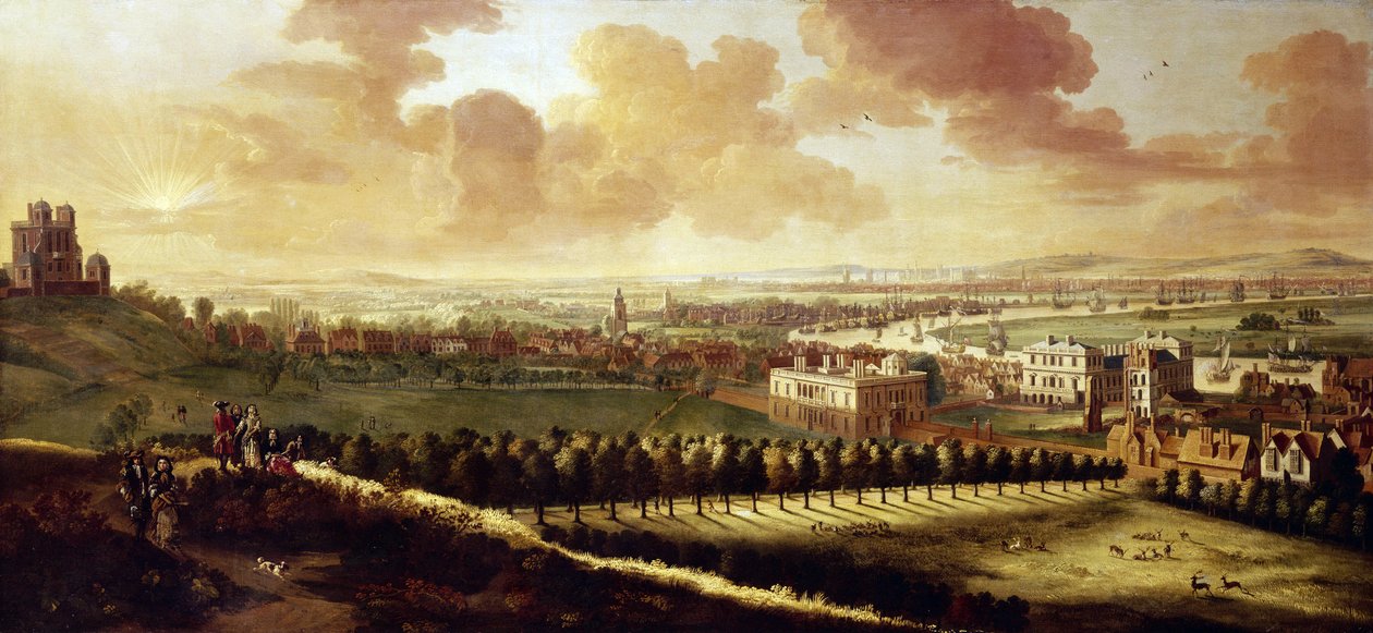 Veduta di Greenwich e Londra, con il Royal Observatory a sinistra, al centro la Queen