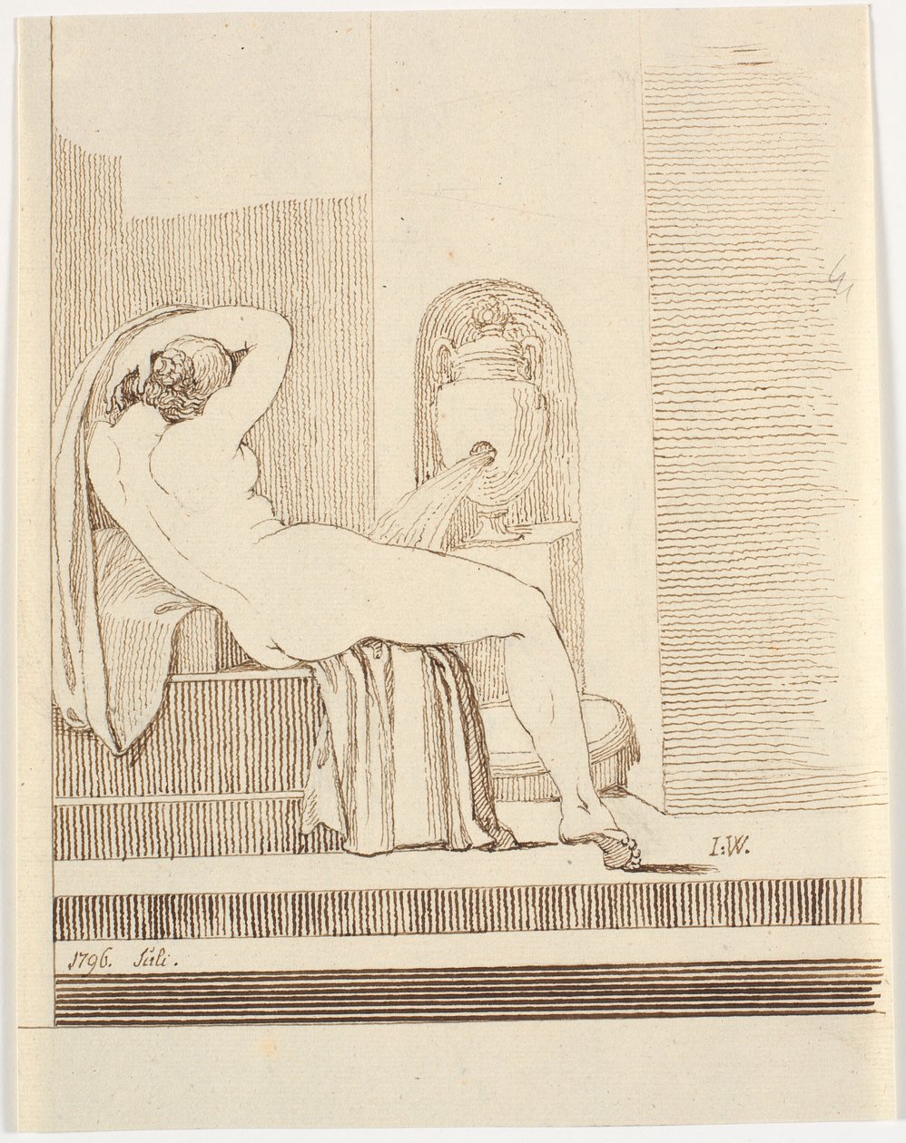 Nuda donna con drappo vista da dietro, davanti a una fontana da Johannes Wiedewelt