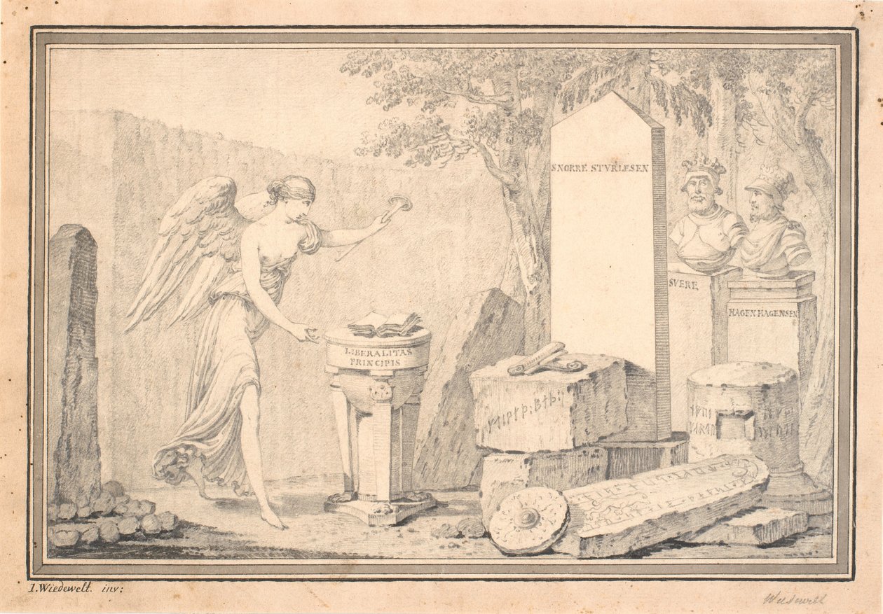 Vignetta del titolo per Snorre Sturleson (pub. G. Schiøning): Heimskringla, Vol. I, 1778 da Johannes Wiedewelt