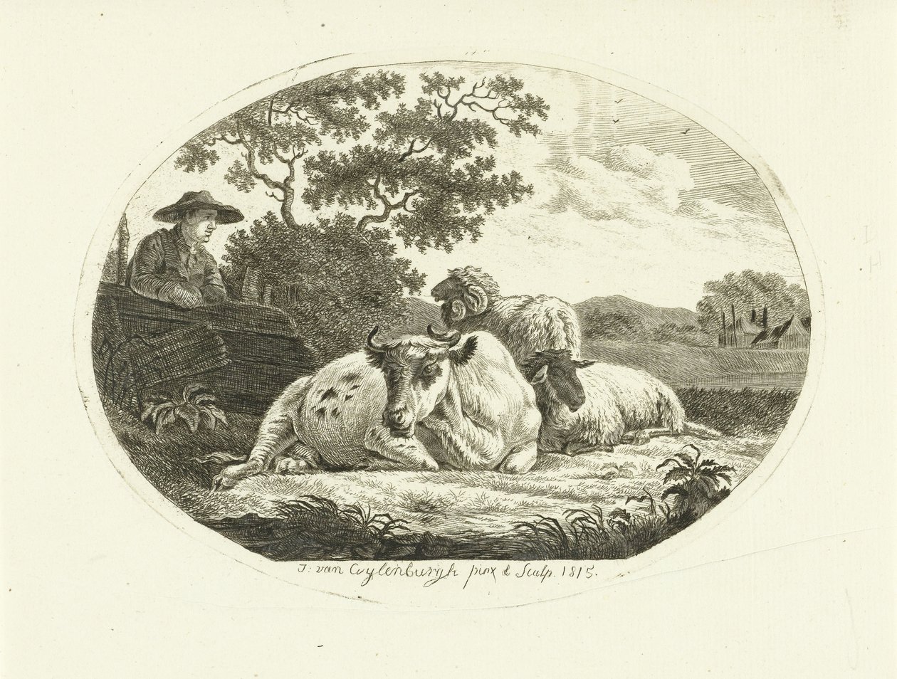 Mucca, pecora e ariete in un prato e contadino appoggiato a una recinzione da Johannes van Cuylenburgh