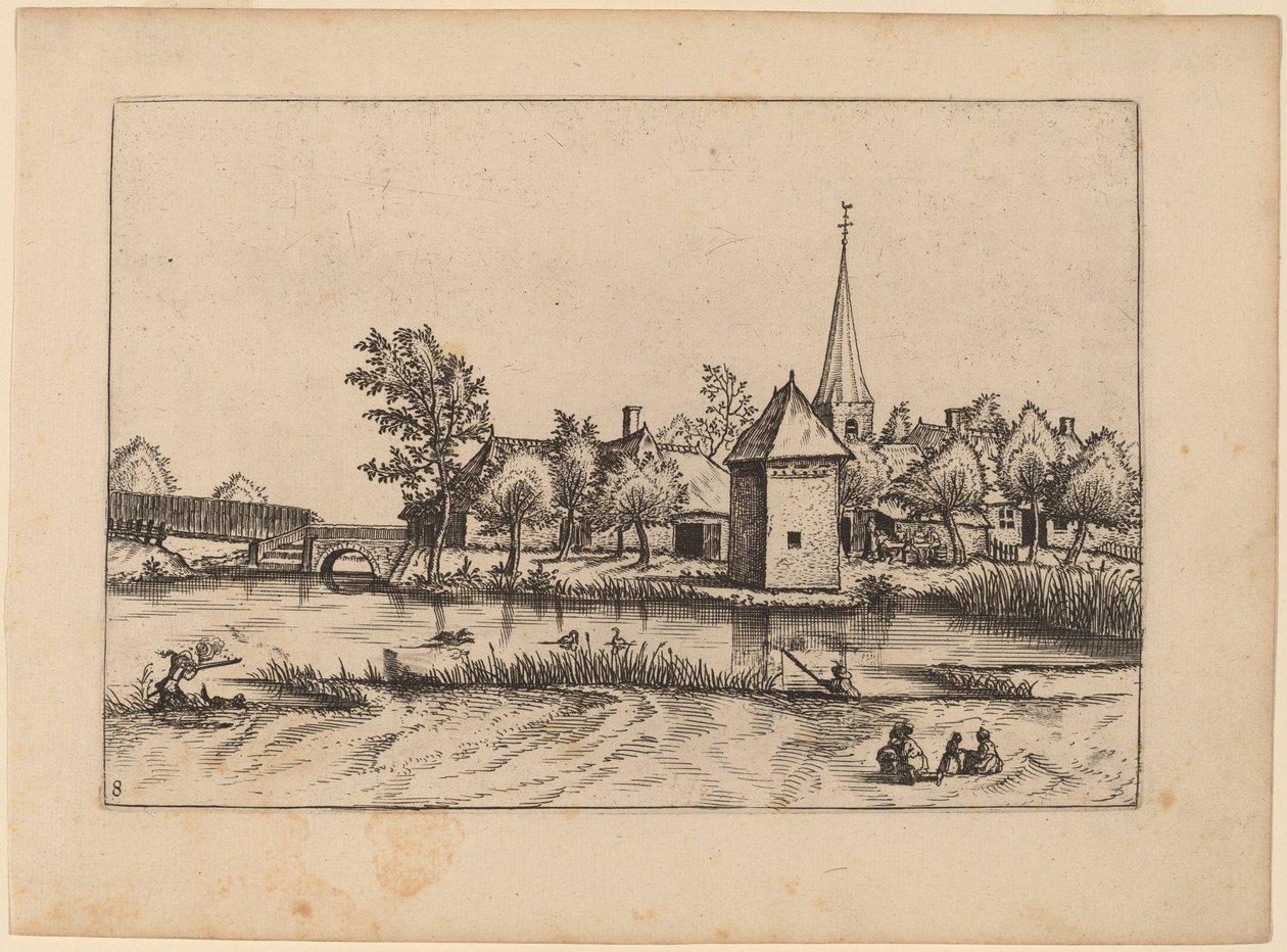 Villaggio di campagna con chiesa e ponte da Johannes van Doetechum, the Elder and Lucas