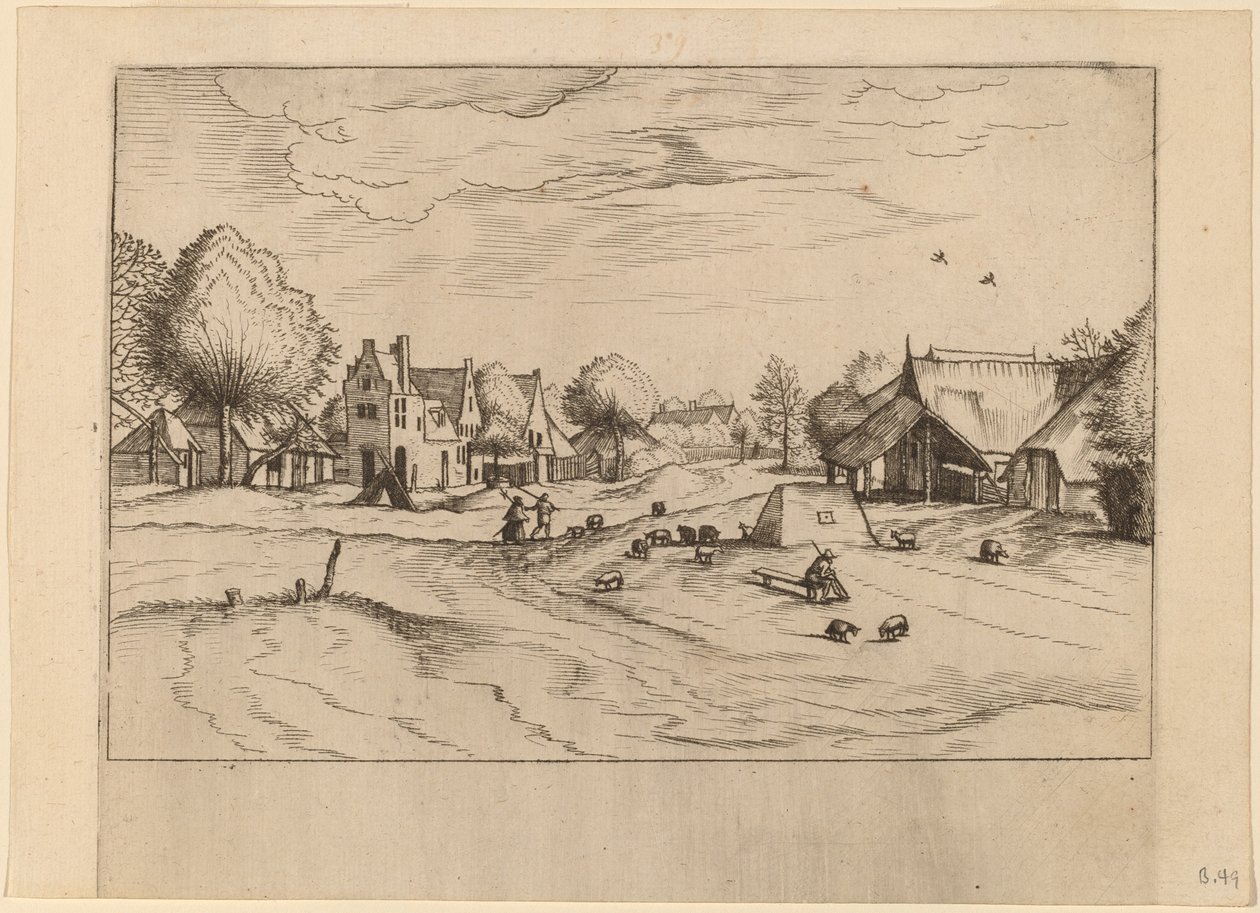 Villaggio di Campagna con Pecore e Pastore Seduto da Johannes van Doetechum, the Elder and Lucas