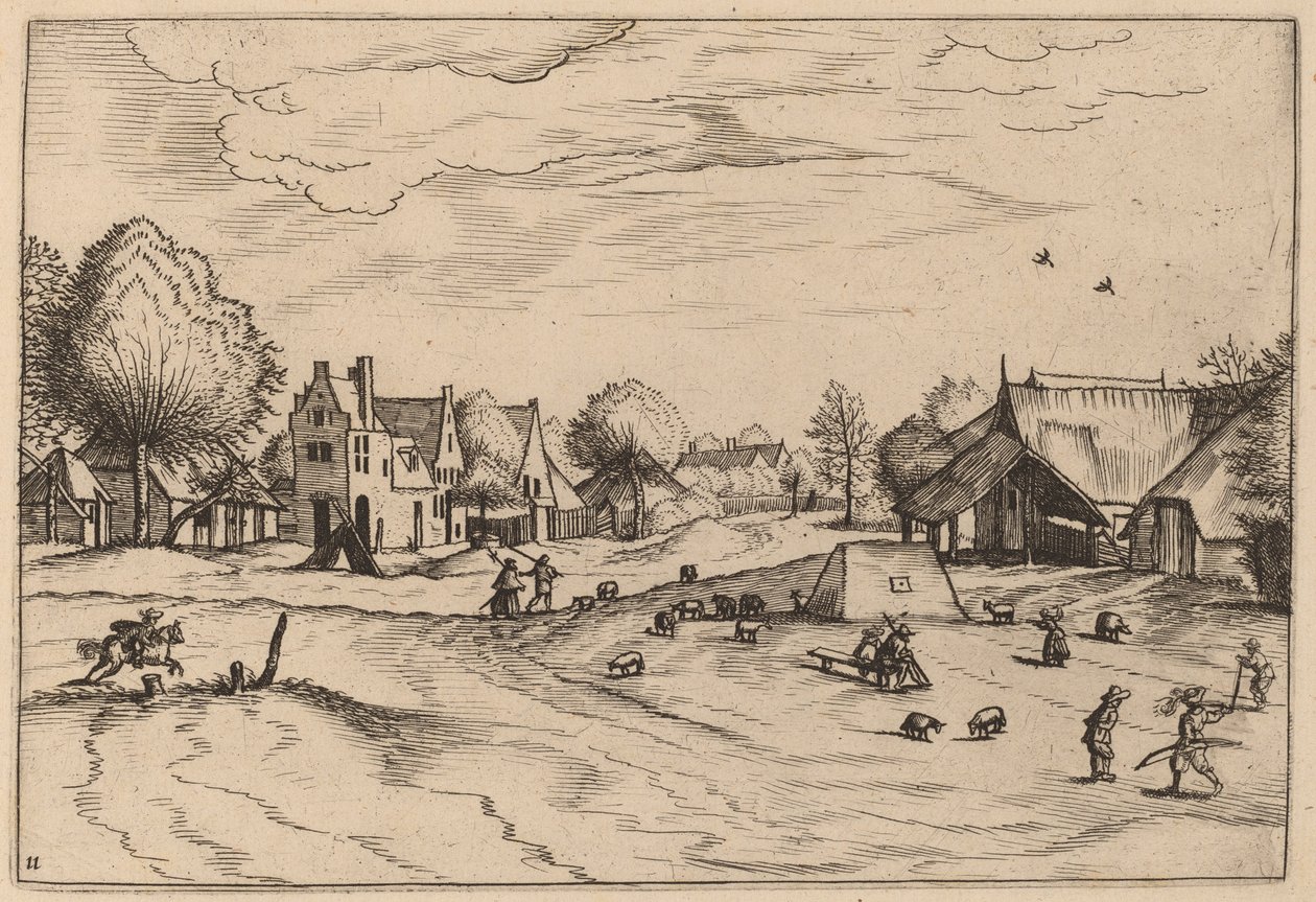 Villaggio di Campagna con Pecore e Pastore Seduto da Johannes van Doetechum, the Elder and Lucas