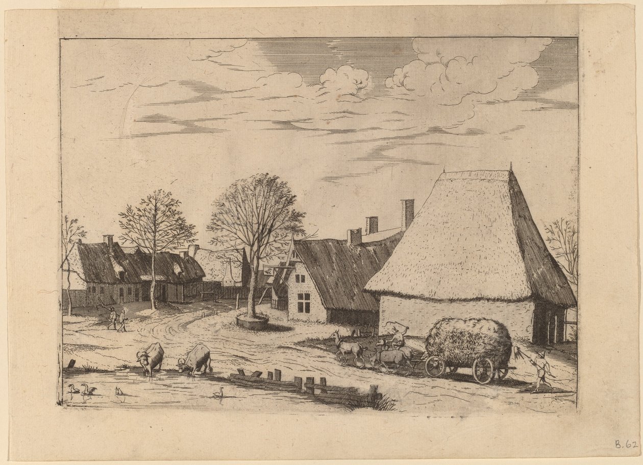 Strada del villaggio con carro di fieno da Johannes van Doetechum, the Elder and Lucas
