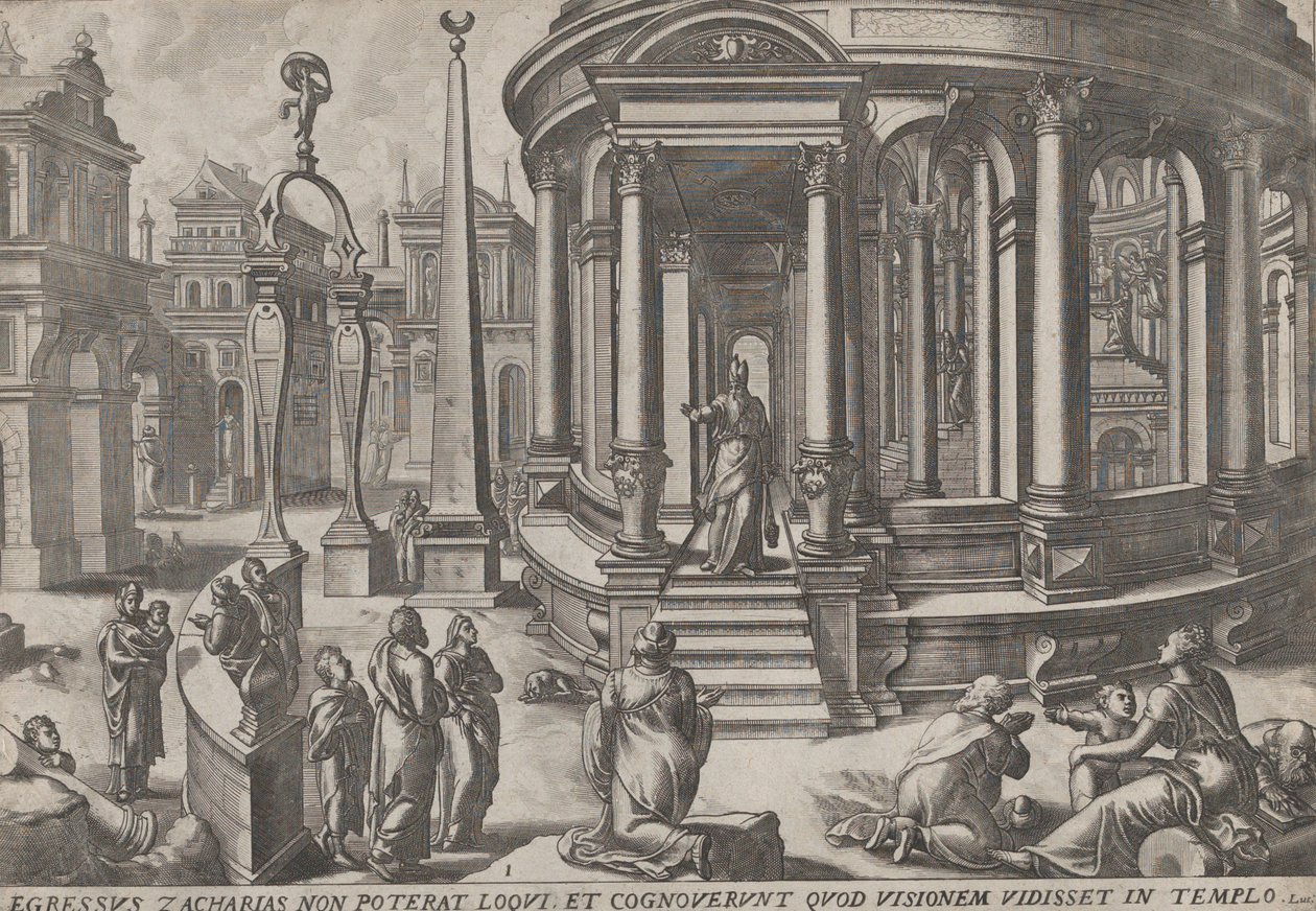 Zaccaria che esce dal tempio, dalla serie Eventi dentro e intorno al tempio, ca. 1572. Creatori: Johannes van Doetecum I, Lucas van Doetecum da Johannes and Lucas van Doetecum