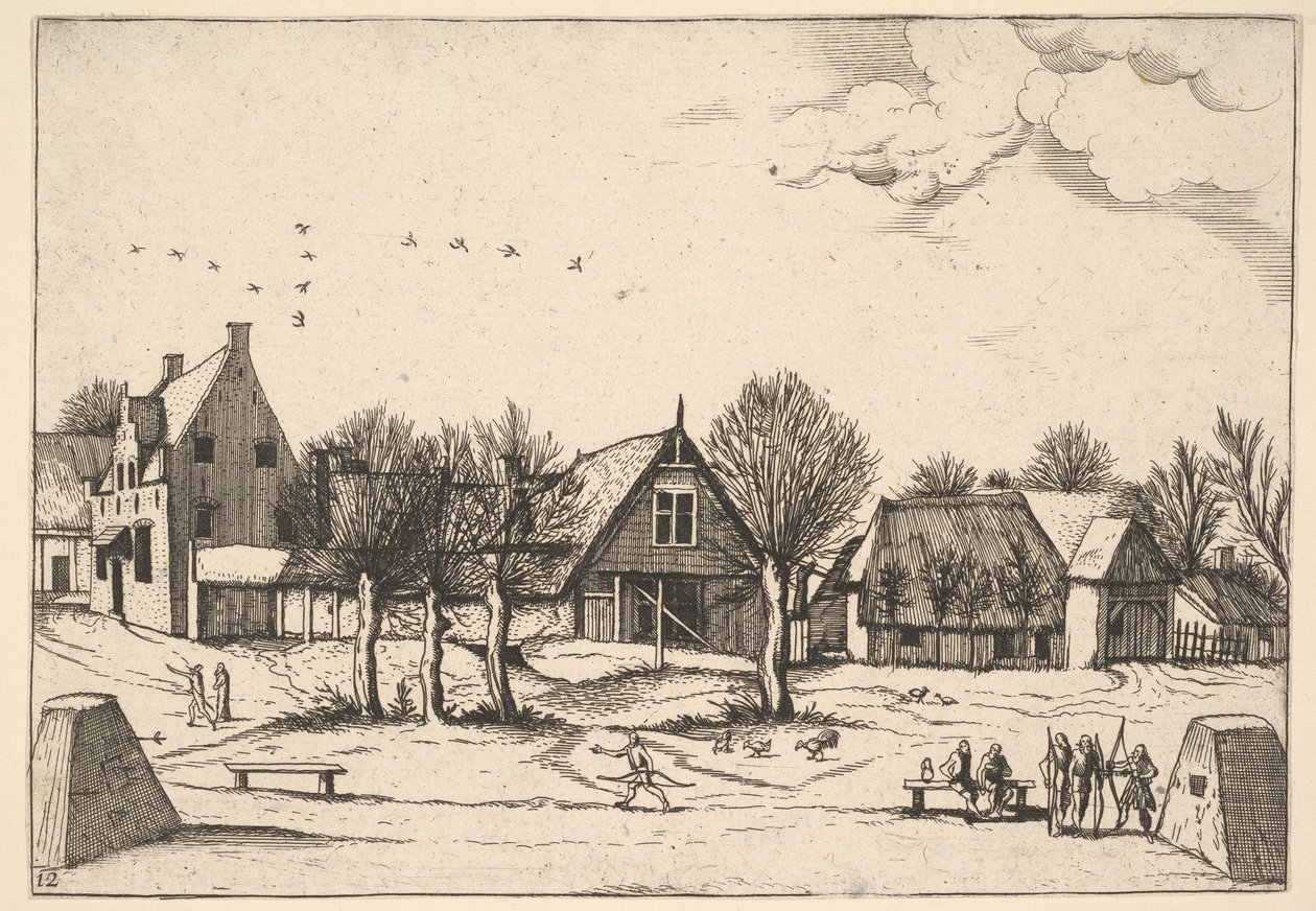 Villaggio di campagna, arcieri in primo piano da Multifariarum casularum ruriumque linea..., 1559-61 da Johannes van Doetecum I