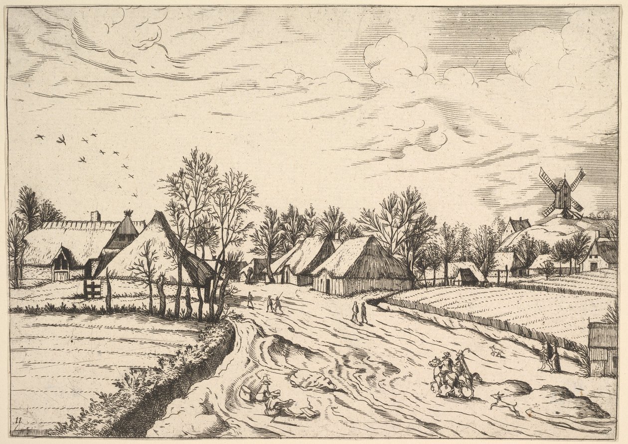 Villaggio di campagna con mulino a vento da Multifariarum casularum ruriumque lineamenta curios... da Johannes van Doetecum I