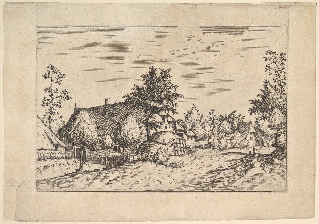 Strada del villaggio, fieno impilato davanti a una fattoria da Praediorum villarum et rusticar..., ca. 1559-61 da Johannes van Doetecum I