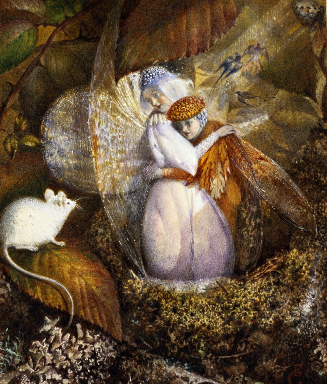 Amanti delle fate in un nido di uccelli che osservano un topo bianco, c.1860 da John Anster Fitzgerald