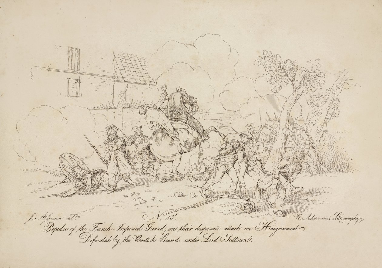 Respingimento della Guardia Imperiale Francese, nel loro disperato attacco a Hougoumont, difeso dalle guardie britanniche sotto Lord Saltoun, litografia di R. Ackermann, 1815 da John Augustus Atkinson