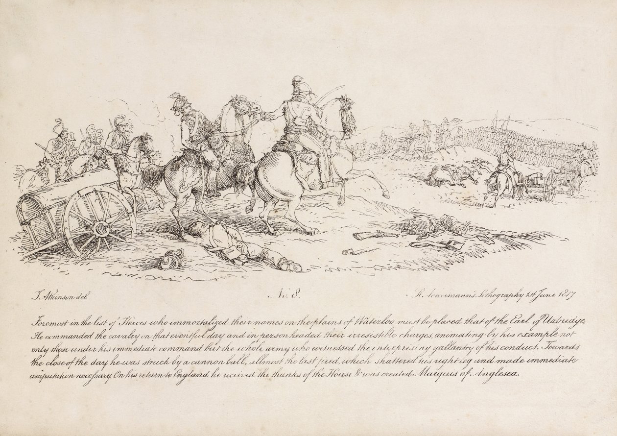 Il conte di Uxbridge guida una carica di cavalleria alla battaglia di Waterloo, la sua gamba destra è appena stata colpita da una palla di cannone, litografia di R. Ackermann, 1815 da John Augustus Atkinson