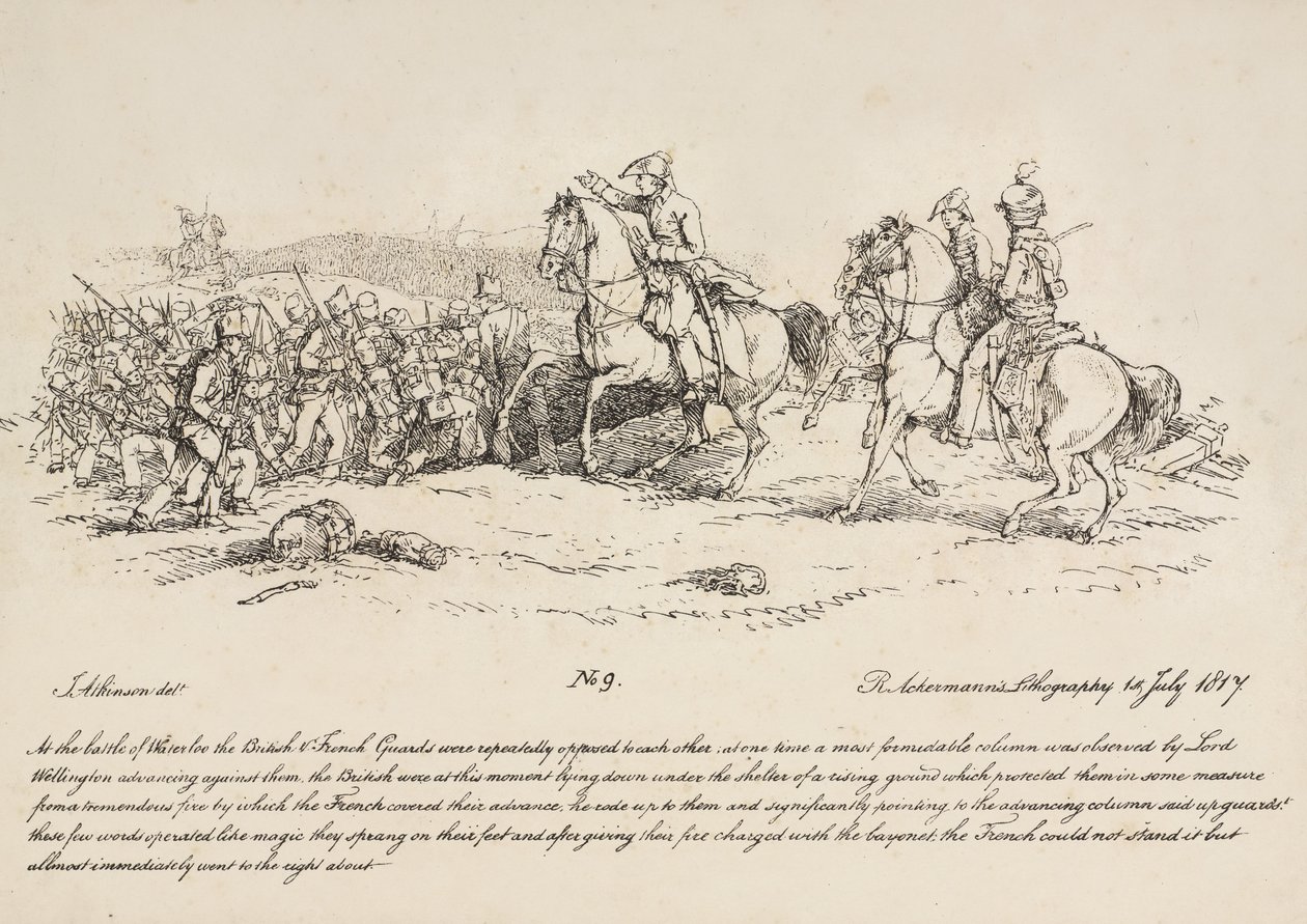 Wellington dirige una carica delle guardie contro una colonna francese a Waterloo, litografia di R. Ackermann, 1815 da John Augustus Atkinson