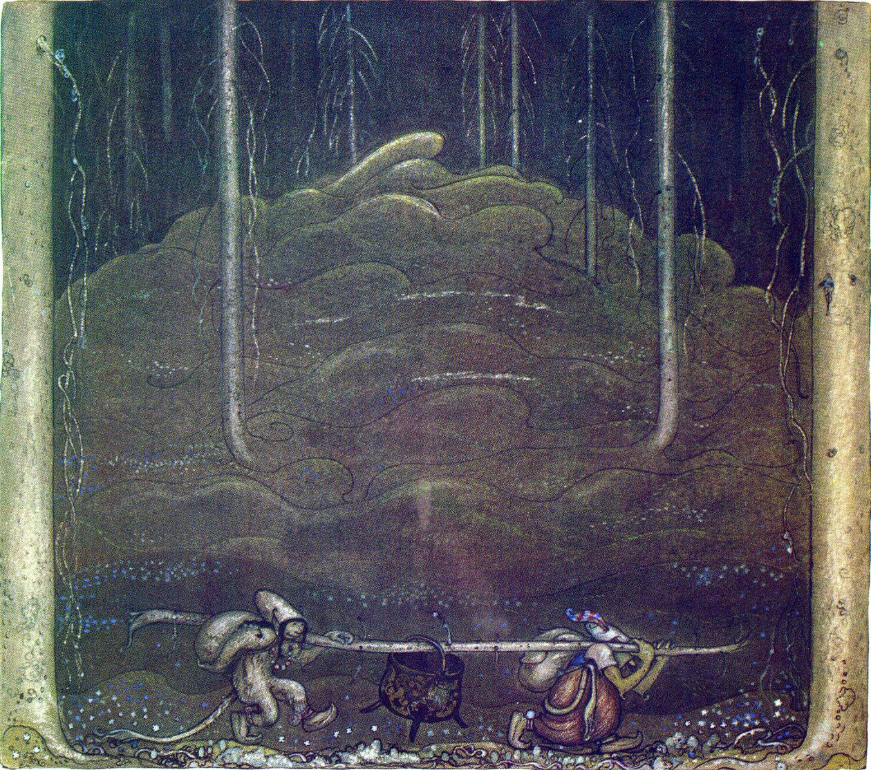 Quando venne la sera, la madre troll e il ragazzo uscirono furtivamente dalla montagna. Portavano il calderone dei troll tra di loro su un bastone da John Bauer