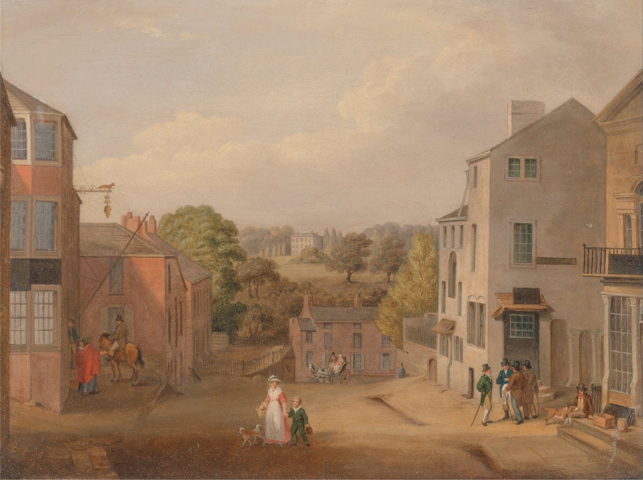 Scena di strada a Chorley, Lancashire, con vista su Chorley Hall da John Bird of Liverpool