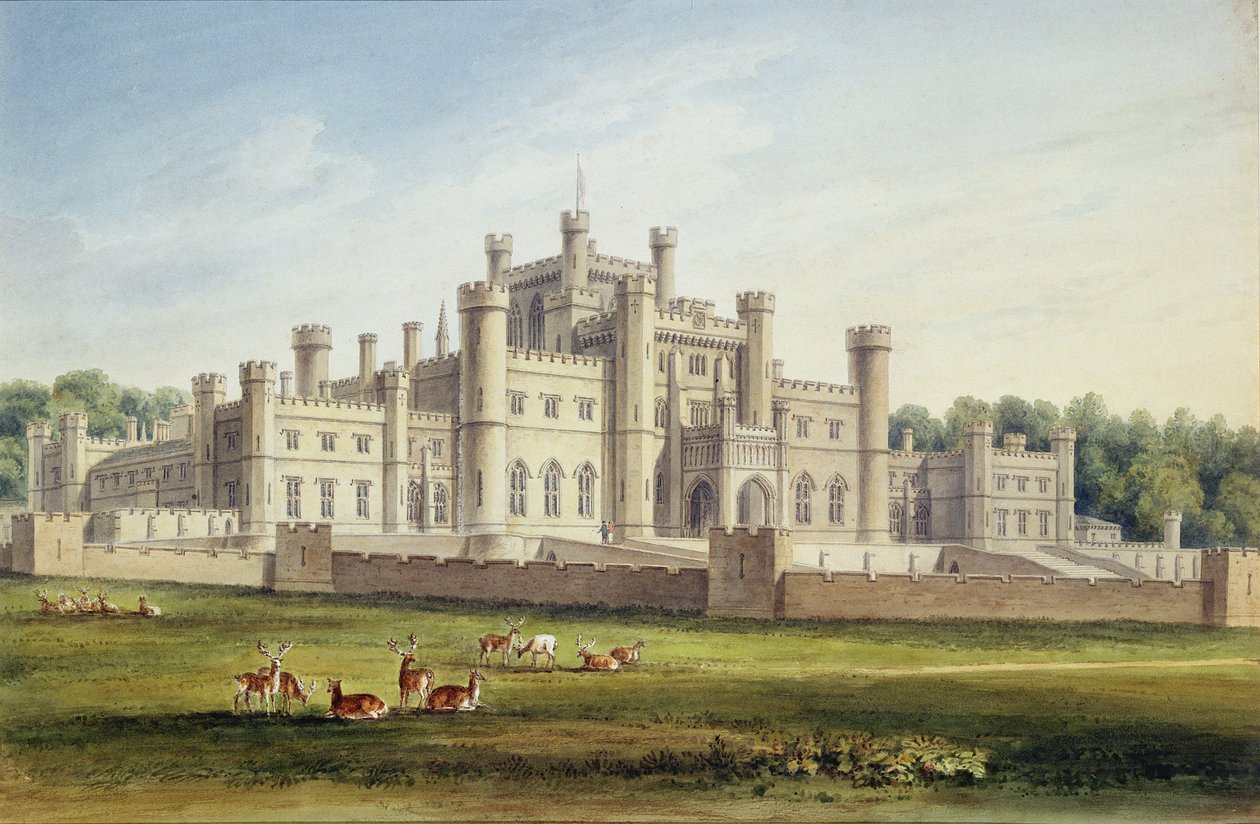 Vista nord-est del castello di Lowther, Westmoreland, sede del conte di Lonsdale, 1814 da John Chessell Buckler