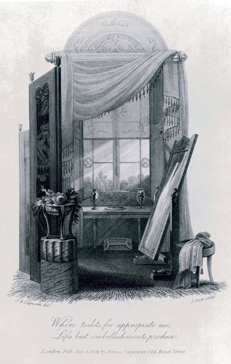 Design per mobili greci (spogliatoio) da The Social Day di Peter Coxe, 1823, incisione da John Buonarotti Papworth