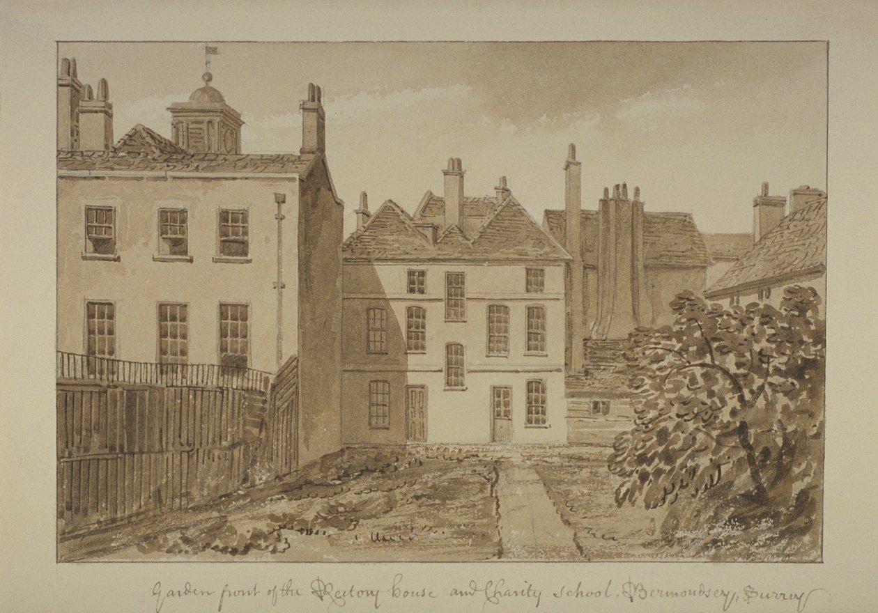 Veduta del rettorato e della scuola di carità di Santa Maria Maddalena, Bermondsey, 1828 da John Chessell Buckler