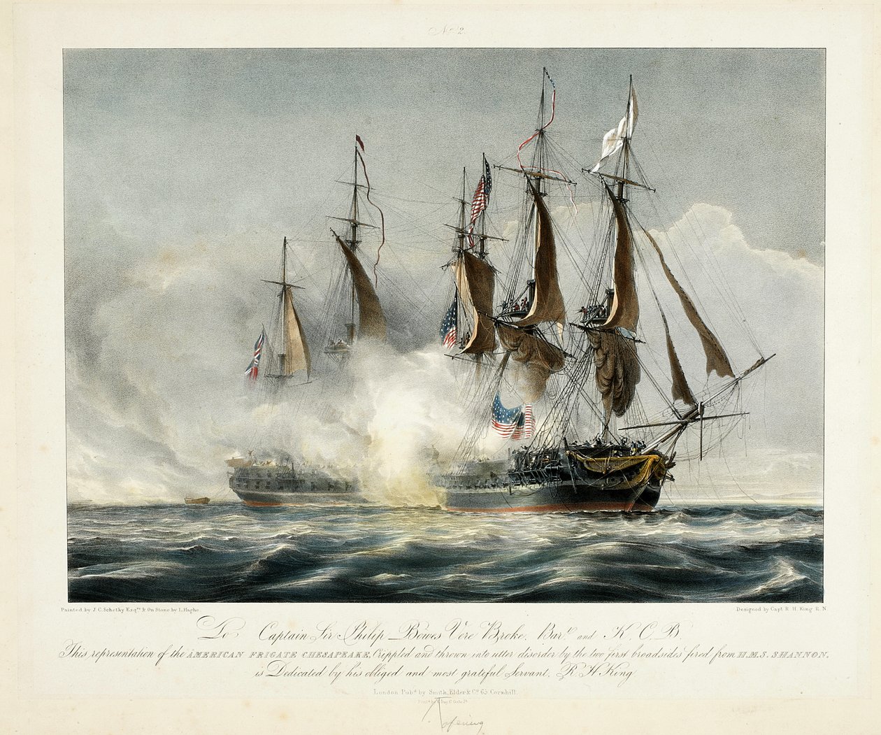 Questa rappresentazione della Fregata Americana Chesapeake, danneggiata e messa in disordine dai primi due bordate sparate dalla H.M.S. Shannon...., senza data da John Christian Schetky
