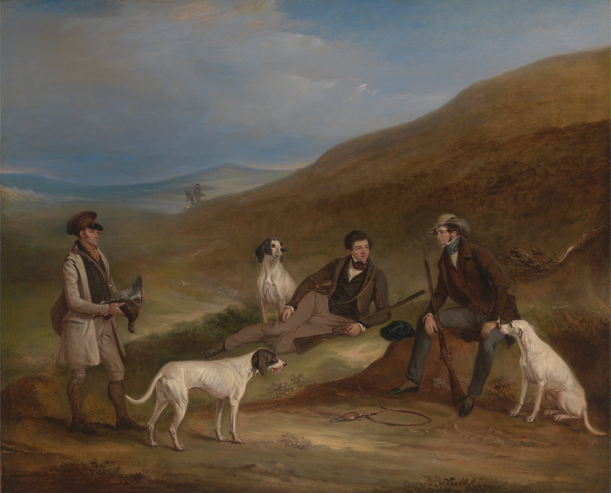 Edward Horner Reynard e suo fratello George a caccia di galli cedroni a Middlesmoor, Yorkshire, con i loro cani da John E. Ferneley
