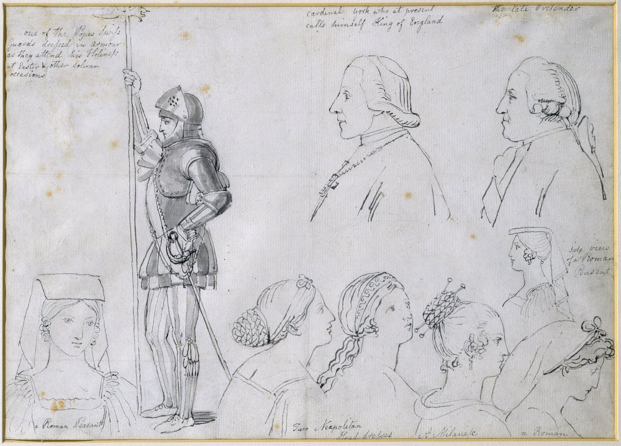 Schizzi di Personaggi a Roma con Ritratti del Principe Carlo Edoardo Stuart (1720-88) e di suo fratello Cardinale York (1725-1807) da John Flaxman