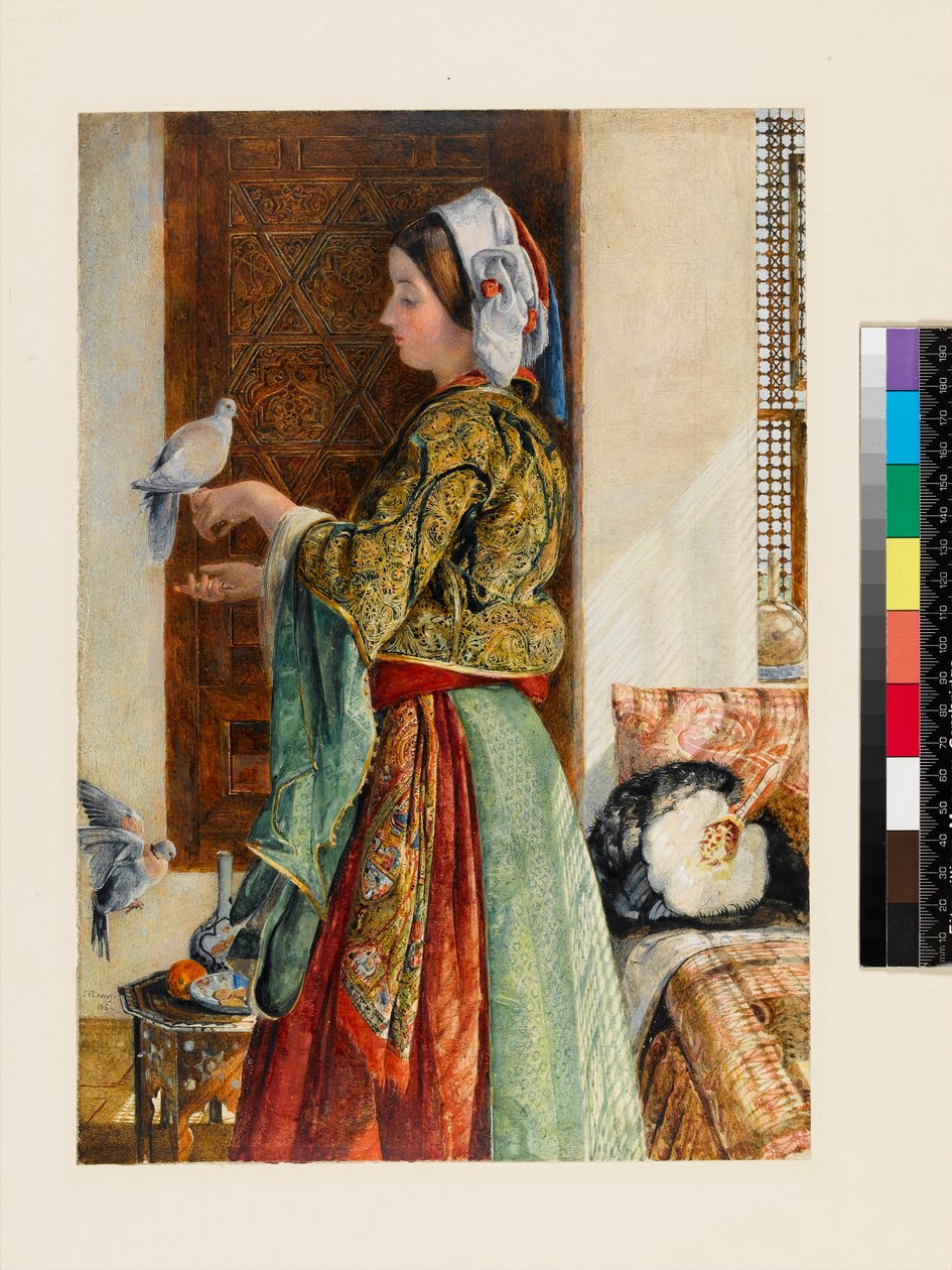 Ragazza con due colombe in gabbia, Il Cairo, 1864 da John Frederick Lewis