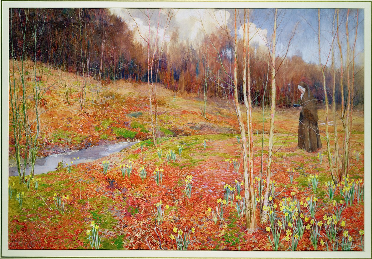Paesaggio in Primavera, con una Suora che Cammina tra i Narcisi da John George Sowerby