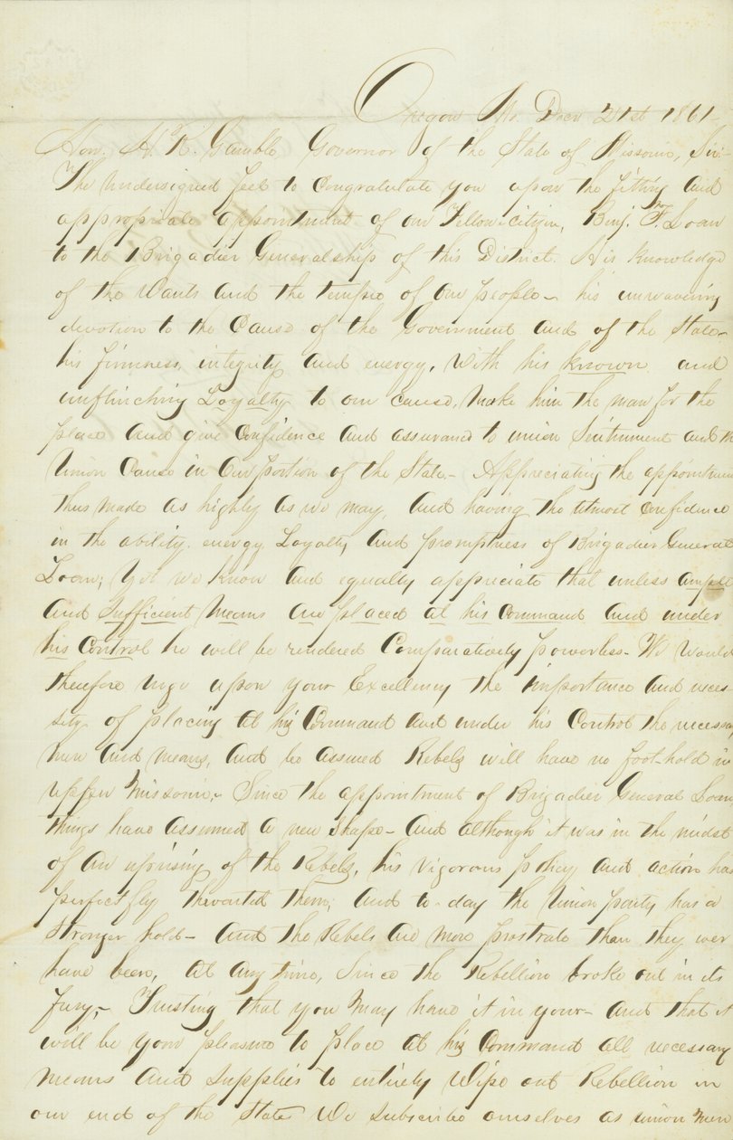 Una petizione per finanziare e fornire la milizia sotto il generale Benjamin Loan da John H.C. Curtis