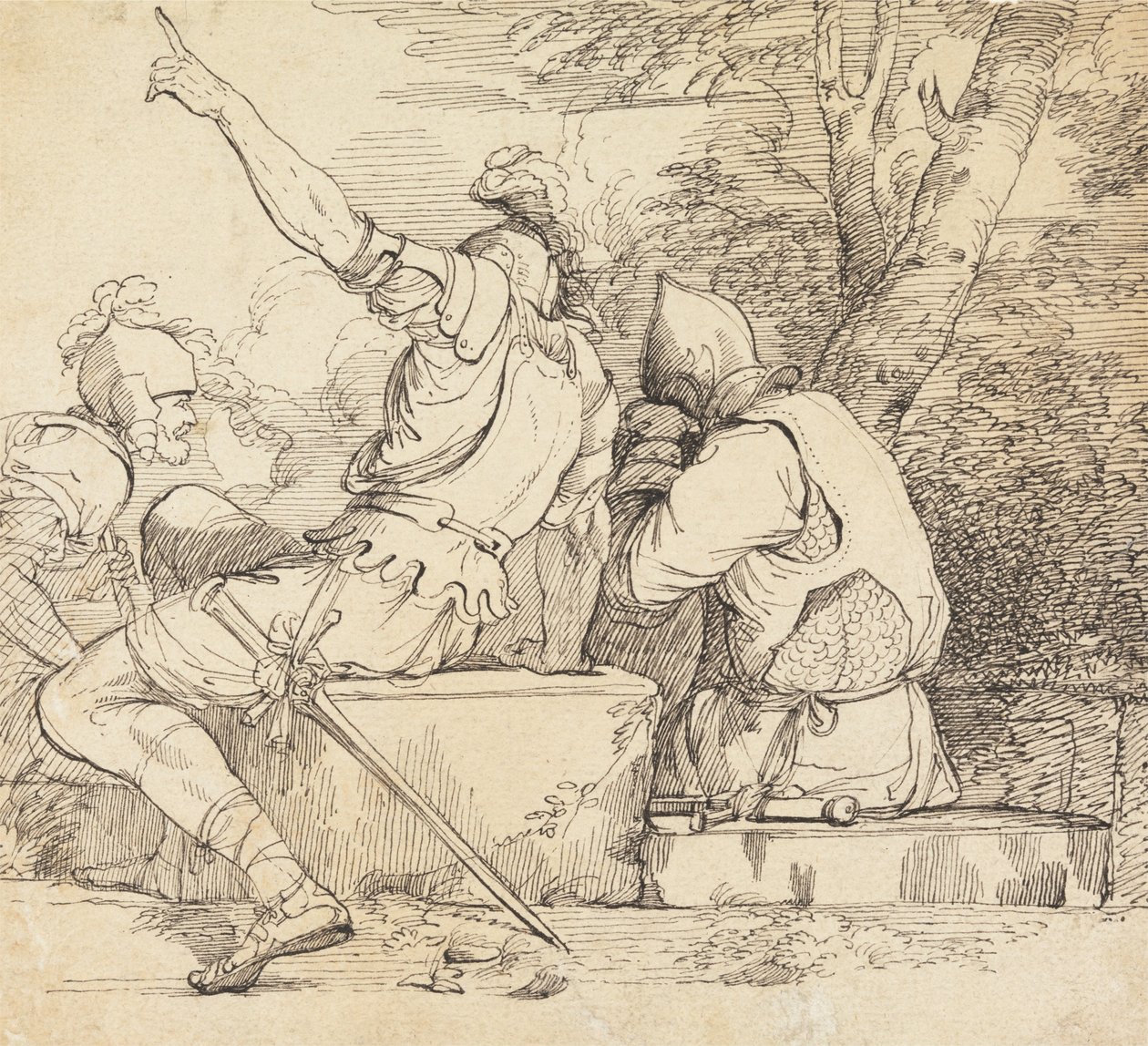 Tre soldati in armatura seduti su blocchi di pietra da John Hamilton Mortimer