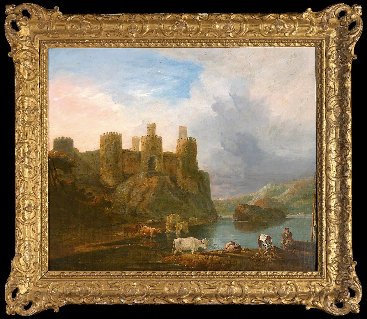 Veduta del castello di Conway con pescatori che riparano le reti da John Inigo Richards