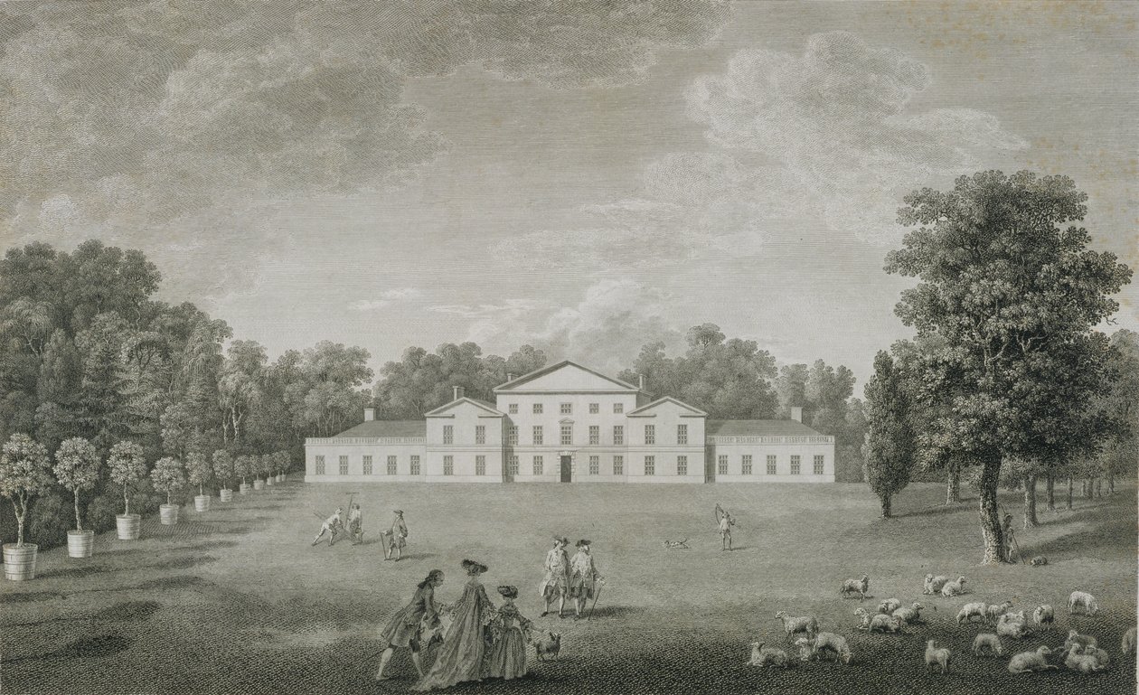 Vista del Palazzo di Kew dal prato, inciso da William Woollett (1735-85) 1763 da John Joshua Kirby
