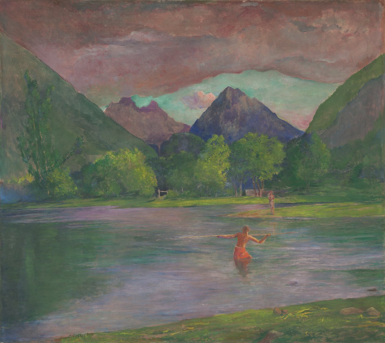 Dopo il tramonto, fiume Tautira, Tahiti, pescatore che infilza un pesce, c.1895 da John La Farge or Lafarge