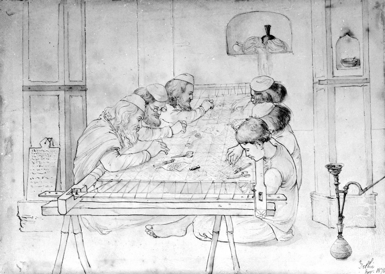 Uomini che lavorano a un telaio da ricamo, 1870 da John Lockwood Kipling