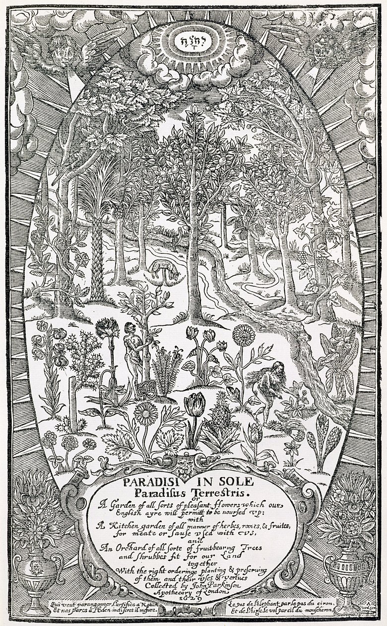 Pagina del titolo da Paradisi Sole; Paradisus Terrestris, 1629 da John Parkinson