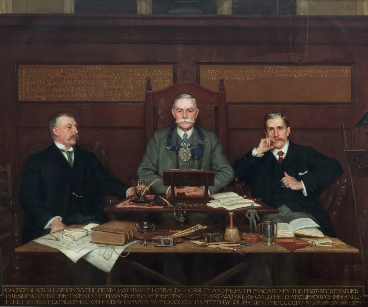 G. Blackall-Simonds (Primo Maestro), con Gerald Horsley e Mervyn Macartney, presiedendo la riunione del 25° anniversario della Art Worker