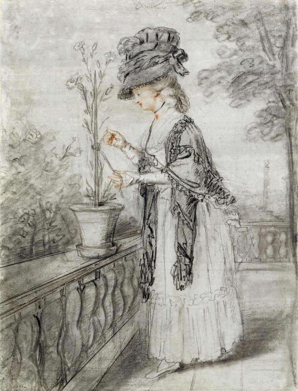 Signora su una terrazza che cura una pianta di garofano da John Raphael Smith